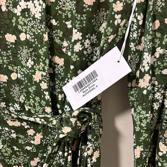 Reformation Reza Dress Green with floral Wrap Dress with Bishop Sleeves - Picture 6 of 8